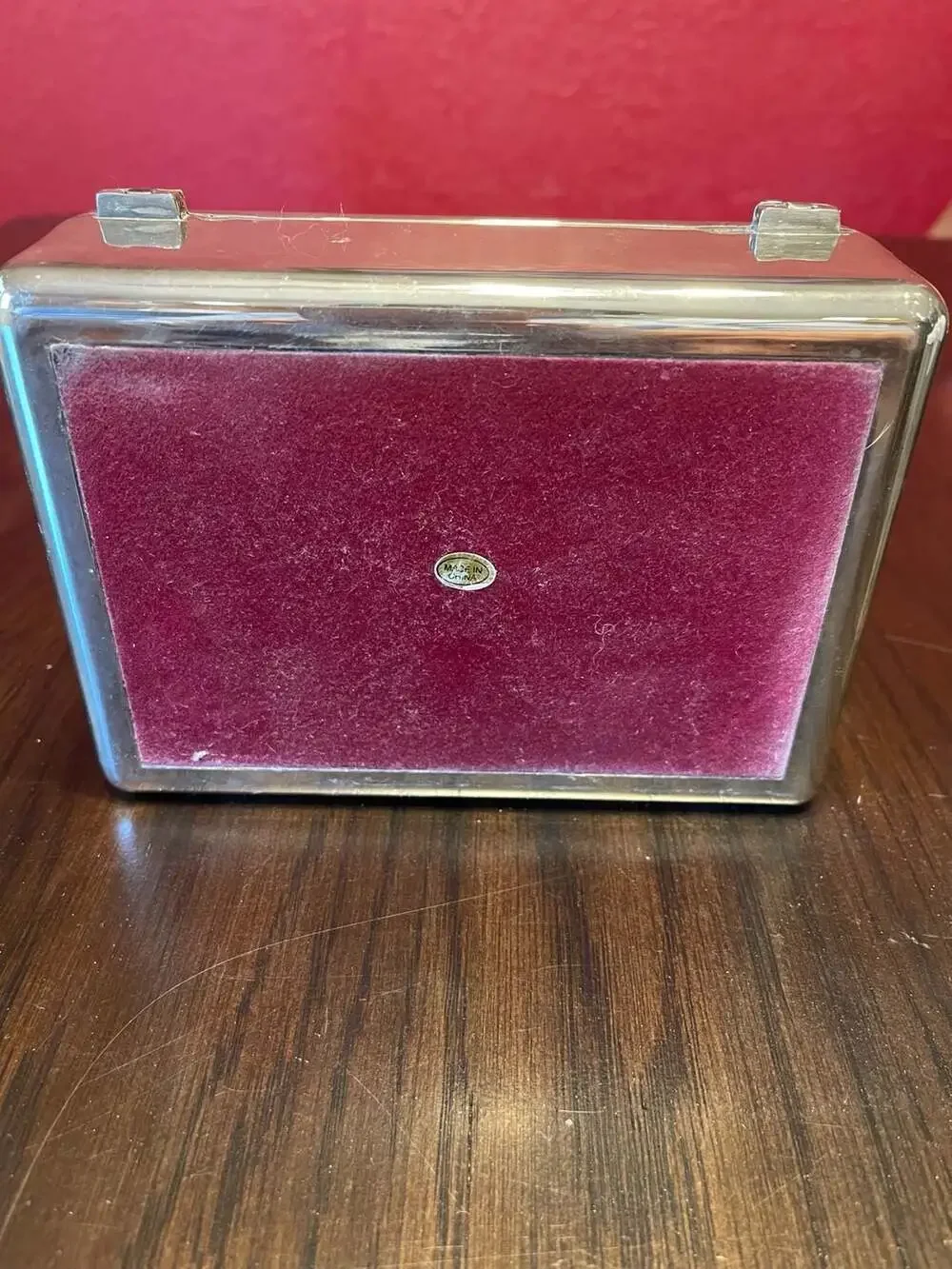 Vntg Silver-Plated Rectangular Trinket Jewelry Box w/Mirror & Red Velvet Lining